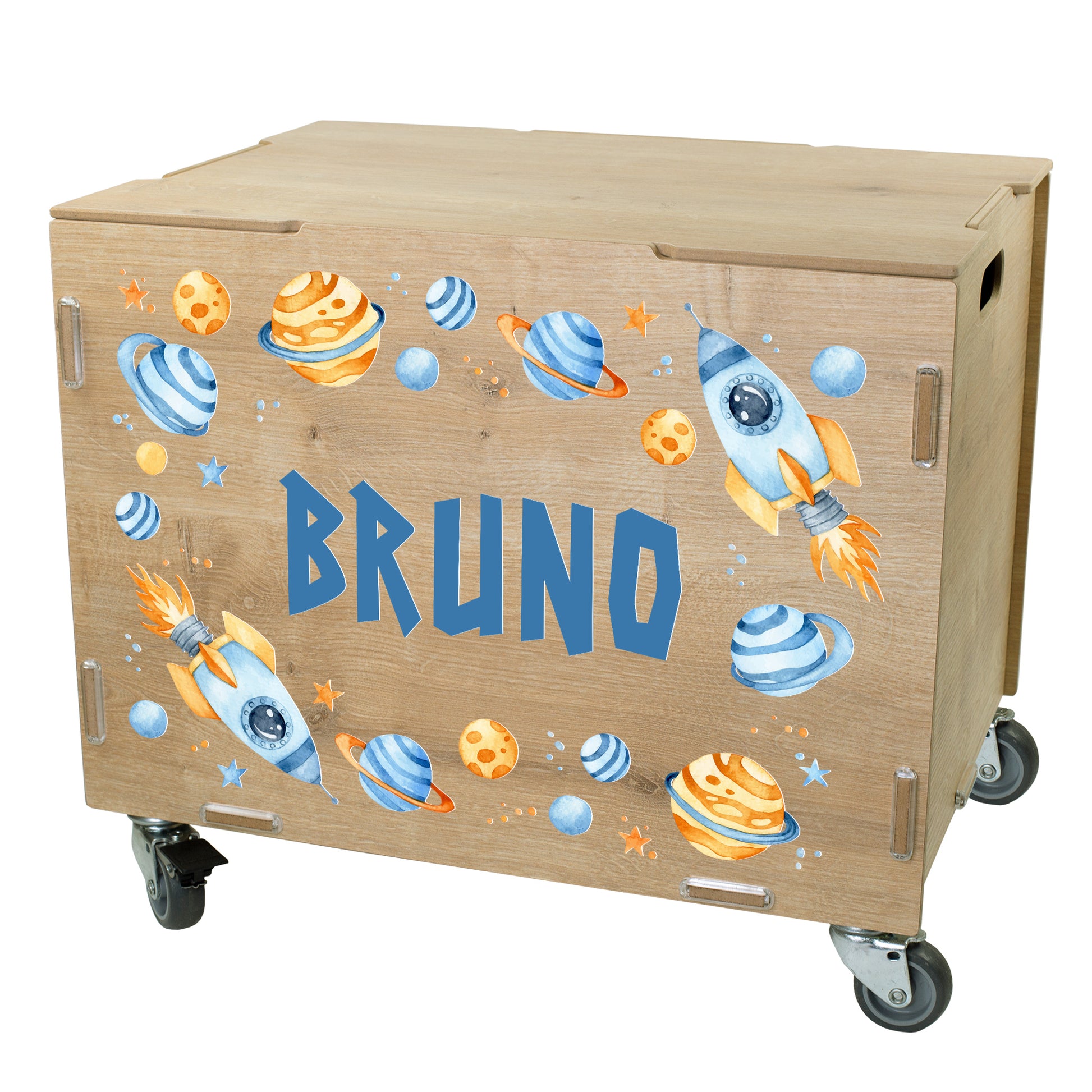 Geschlossene Rollkiste mit Deckel aus Holz, Weltraum-Motiv mit Raketen und Planeten, personalisiert mit Namen für Jungen