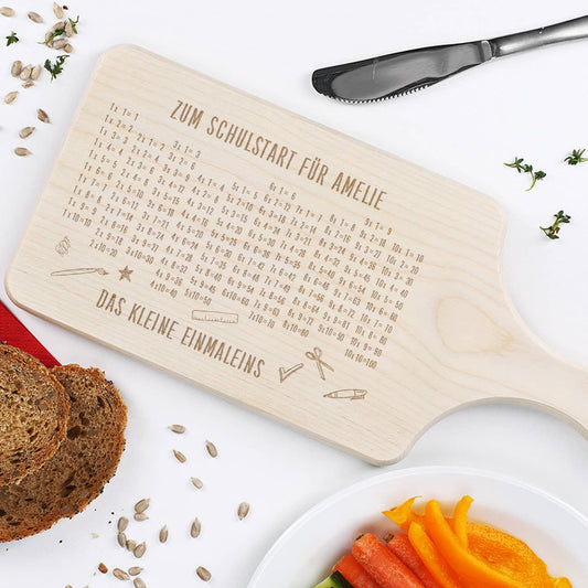 Frühstücksbrett zum Schulanfang mit Einmaleins und Wunschtext