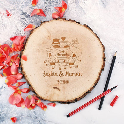 Dekorative Echtholzscheibe mit Hochzeitsmotiv