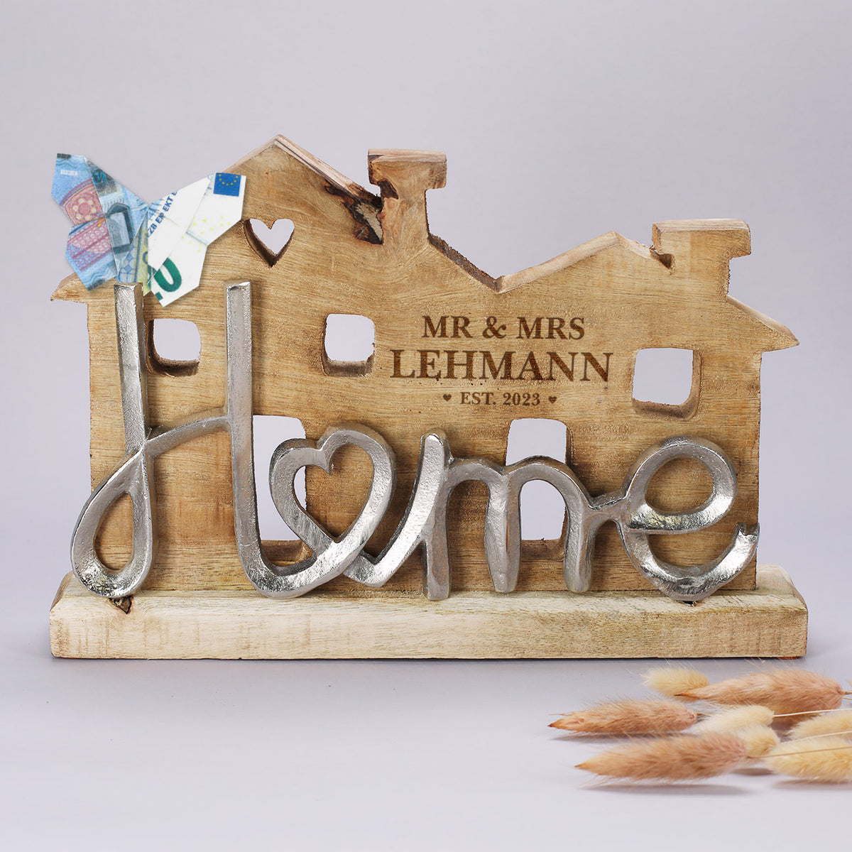 Große Holzskulptur - Home - als Hochzeitsgeschenk mit Gravur