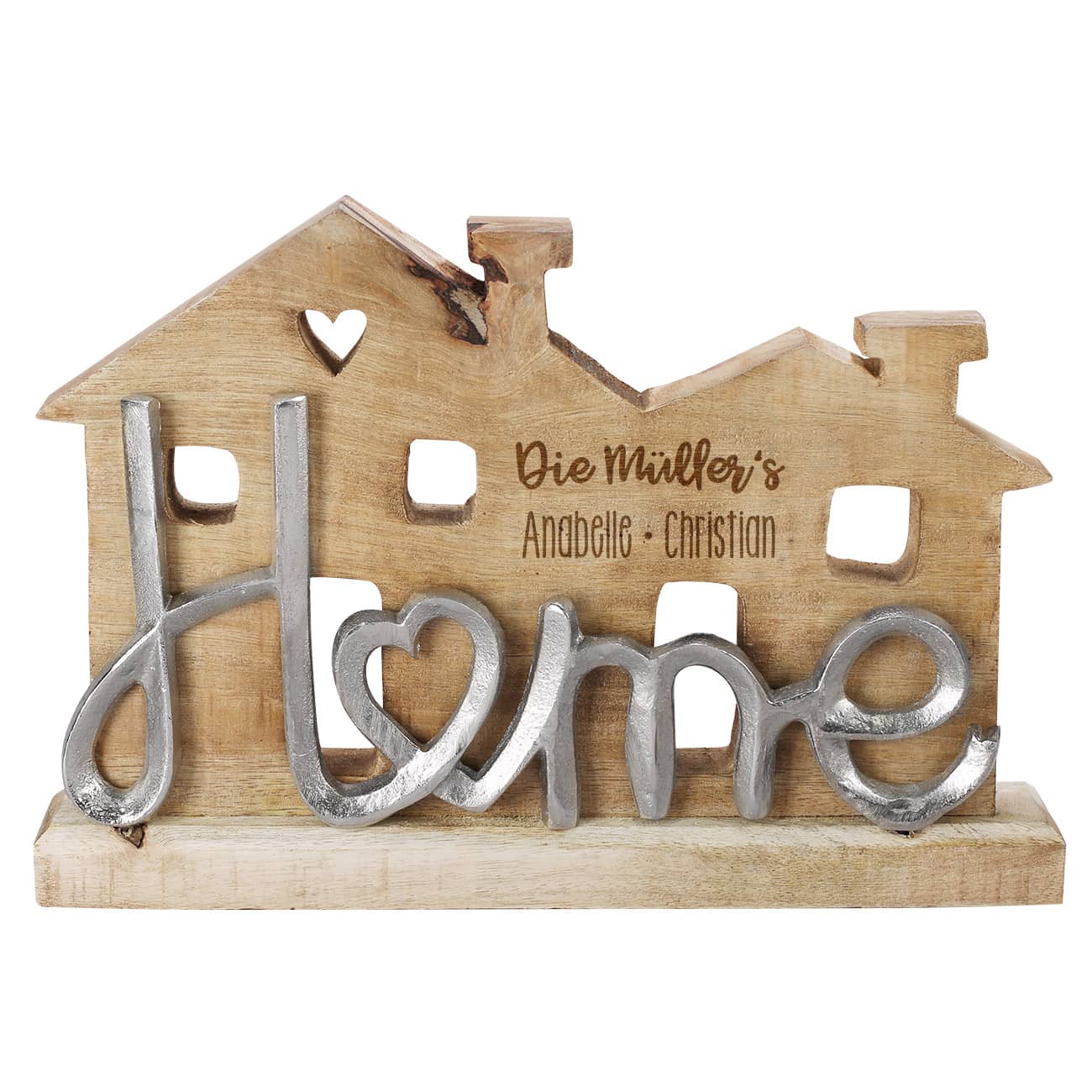 Holzskulptur Haus mit Metall-Schriftzug