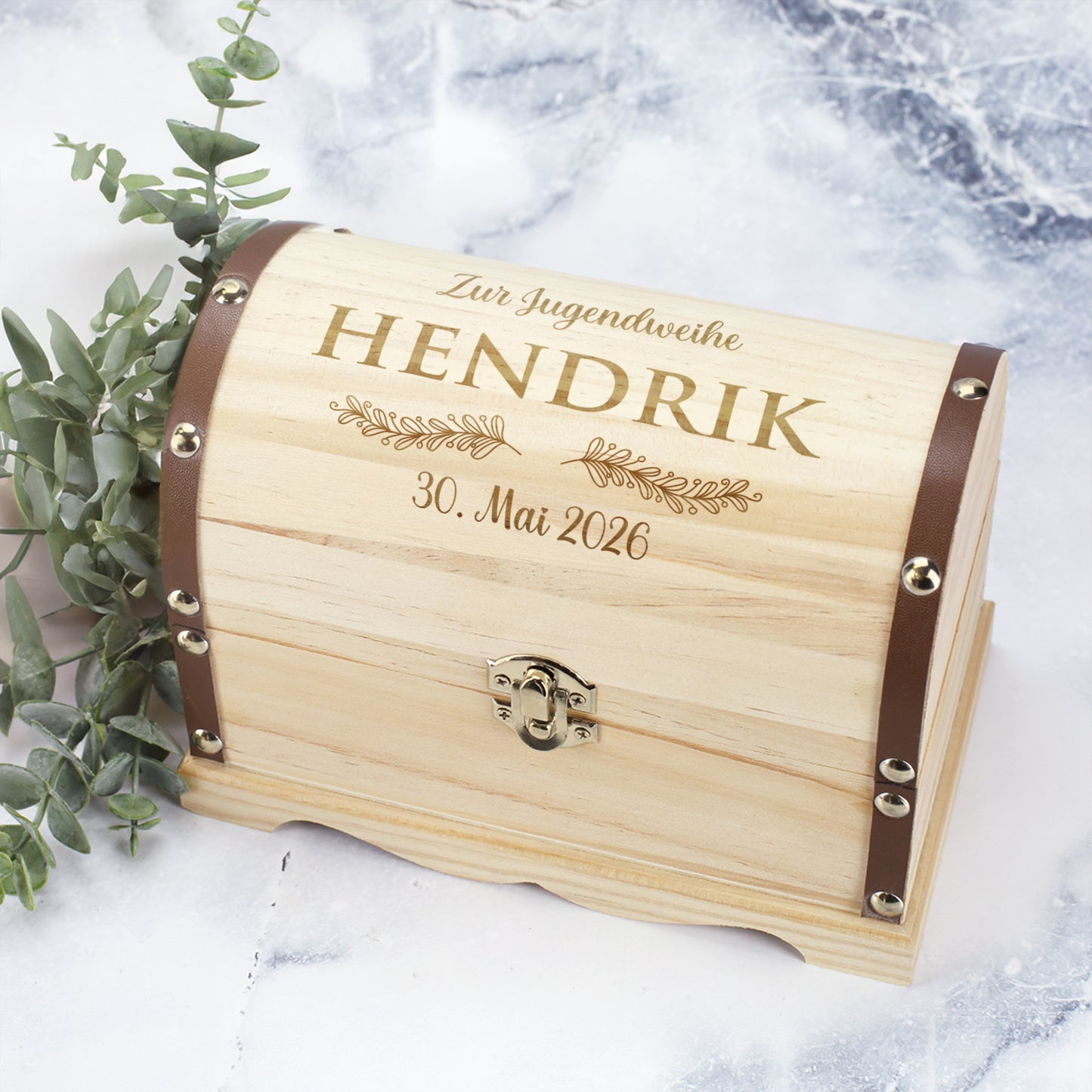 Schatztruhe zur Hochzeit, Jugendweihe, Kommunion und anderen Anlässen | Wunschtext & Zweige | 3 Größen