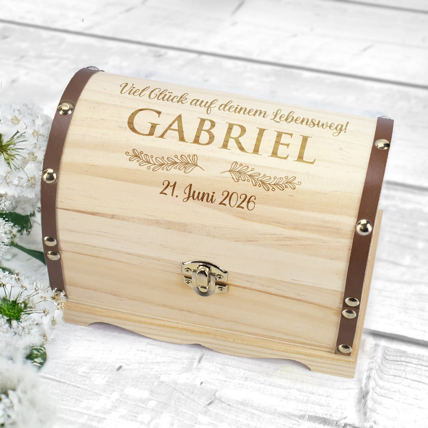 Schatztruhe zur Hochzeit, Jugendweihe, Kommunion und anderen Anlässen | Wunschtext & Zweige | 3 Größen