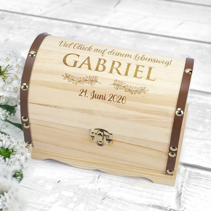 Schatztruhe zur Hochzeit, Jugendweihe, Kommunion und anderen Anlässen | Wunschtext & Zweige | 3 Größen