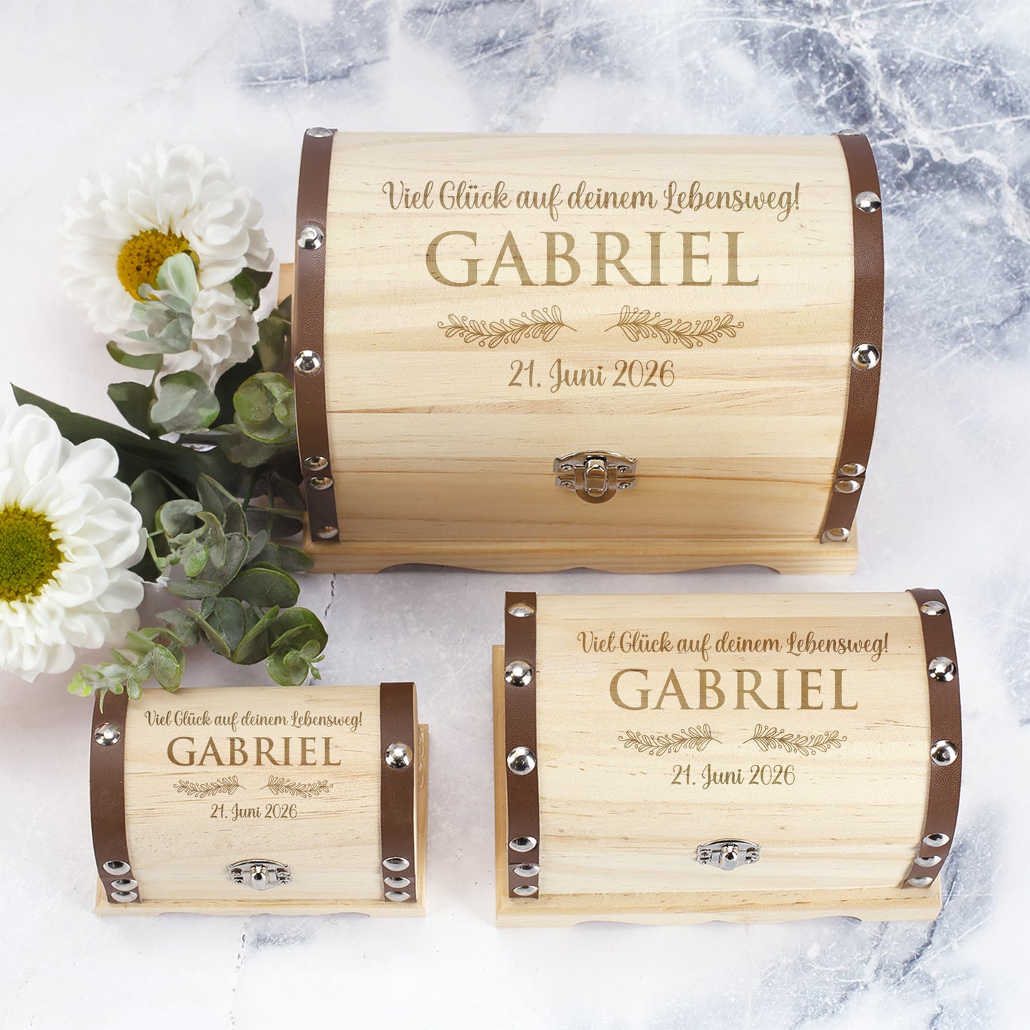 Schatztruhe zur Hochzeit, Jugendweihe, Kommunion und anderen Anlässen | Wunschtext & Zweige | 3 Größen