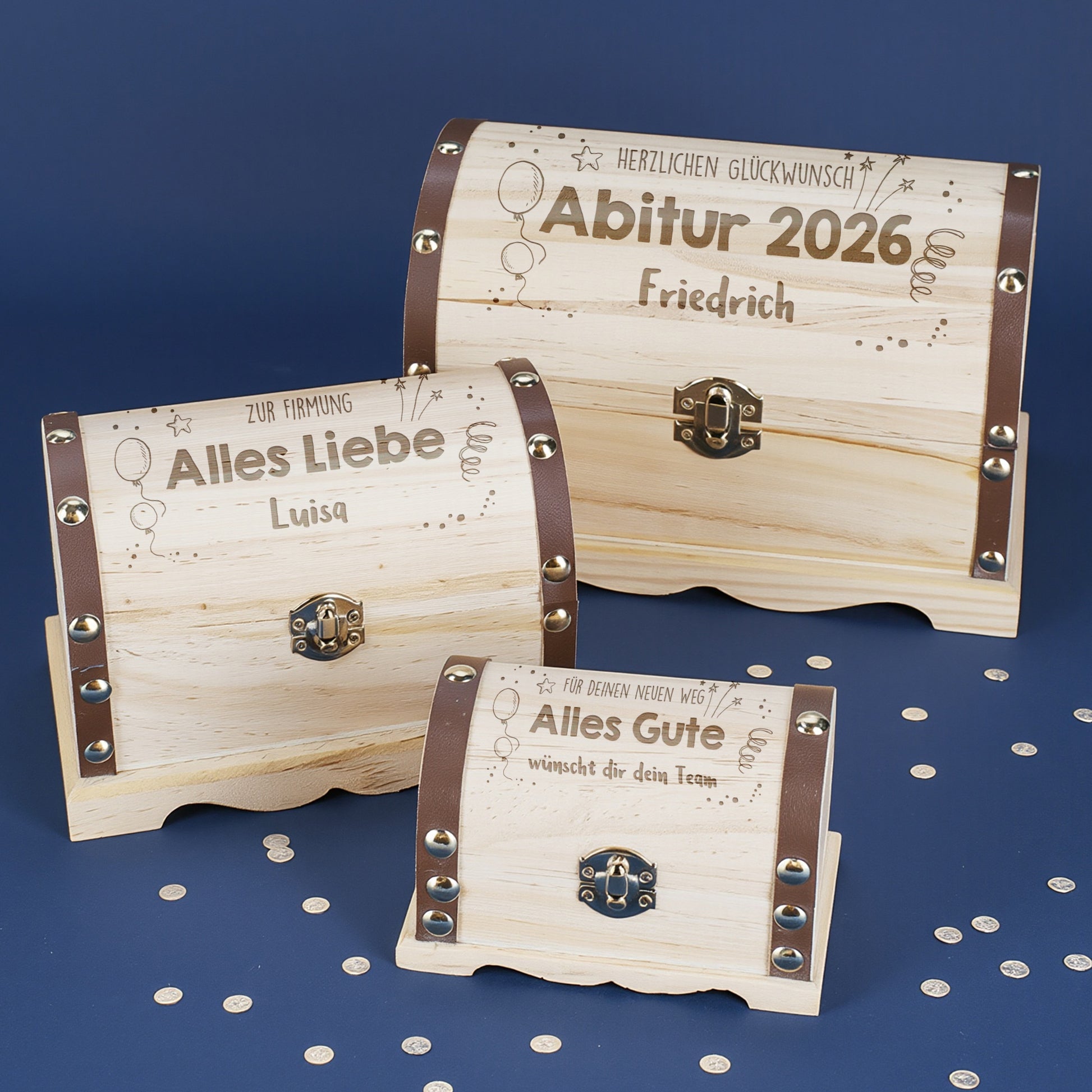 Schatzkiste mit Größenauswahl und Wunschtext zu verschiedenen Anlässen