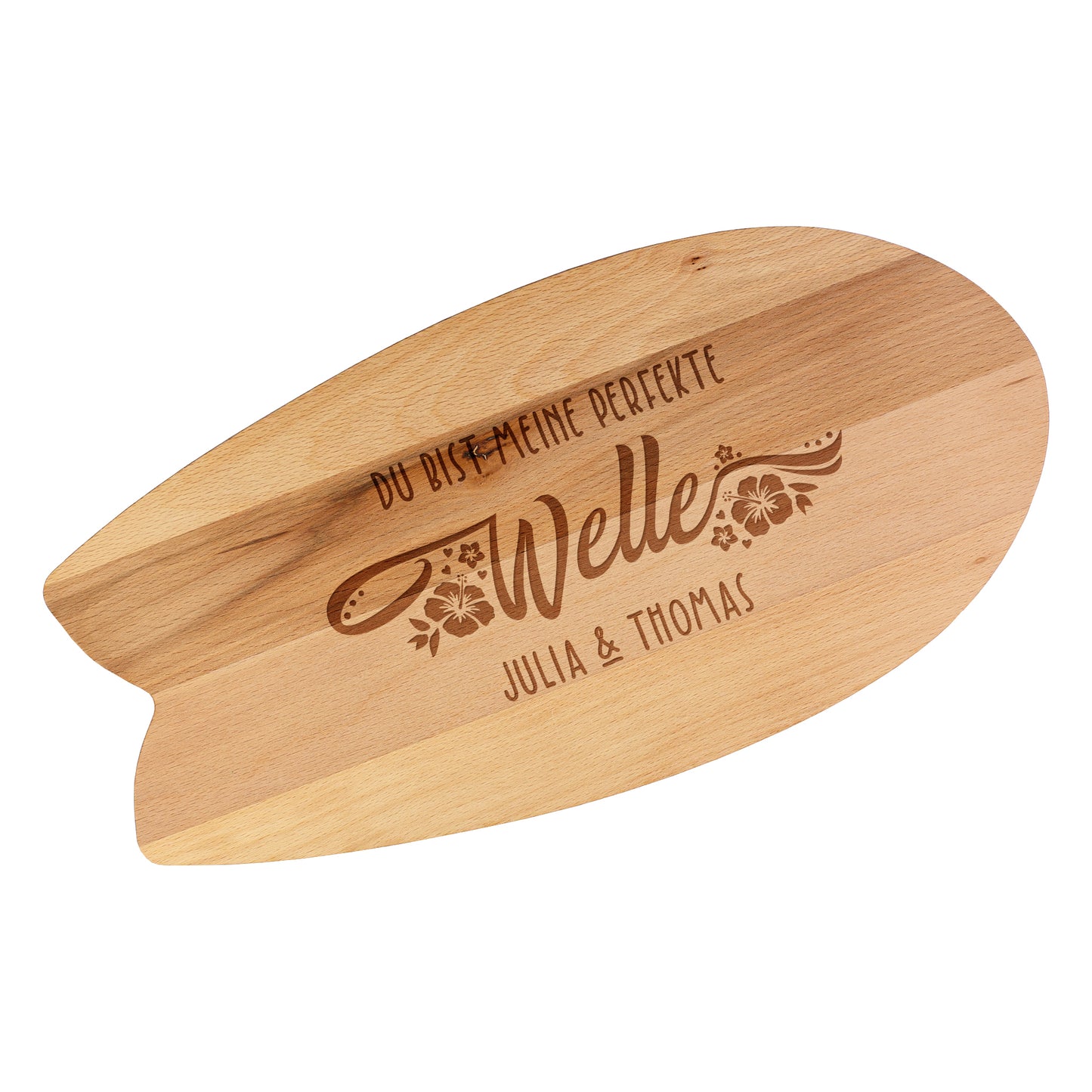 Surfbrett Servierbrett aus Holz mit graviertem Hibiskus-Motiv und Wunschname – freigestellt auf weißem Hintergrund