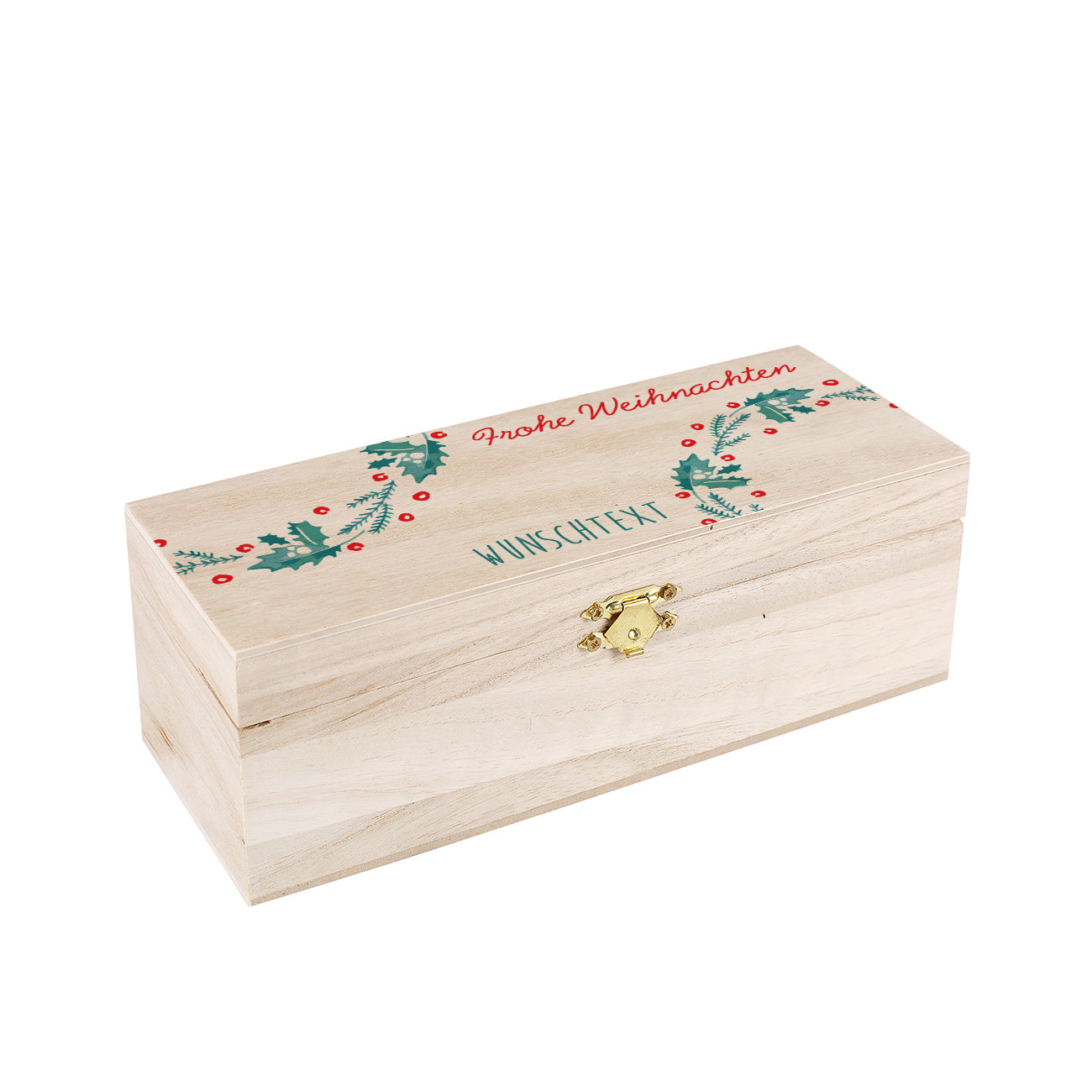 Geschlossene Teebox aus Holz mit Mistelzweig-Motiv, Aufschrift „Frohe Weihnachten“ und personalisierbarem Textfeld