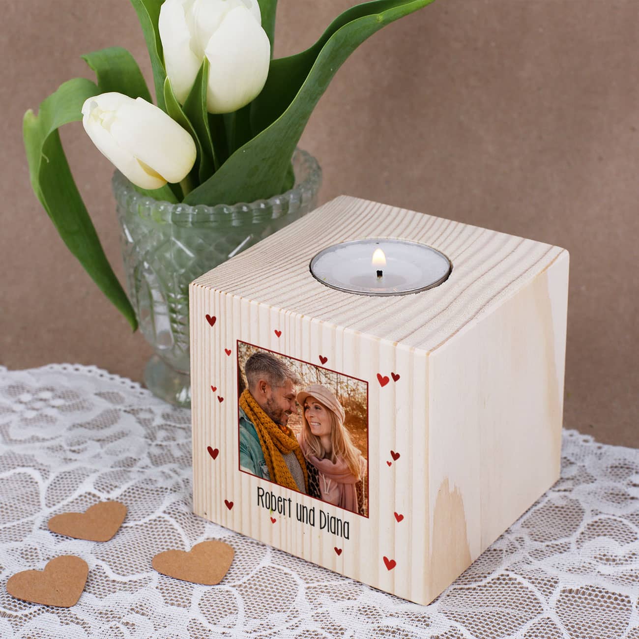 Teelichthalter zum Valentinstag aus Holz