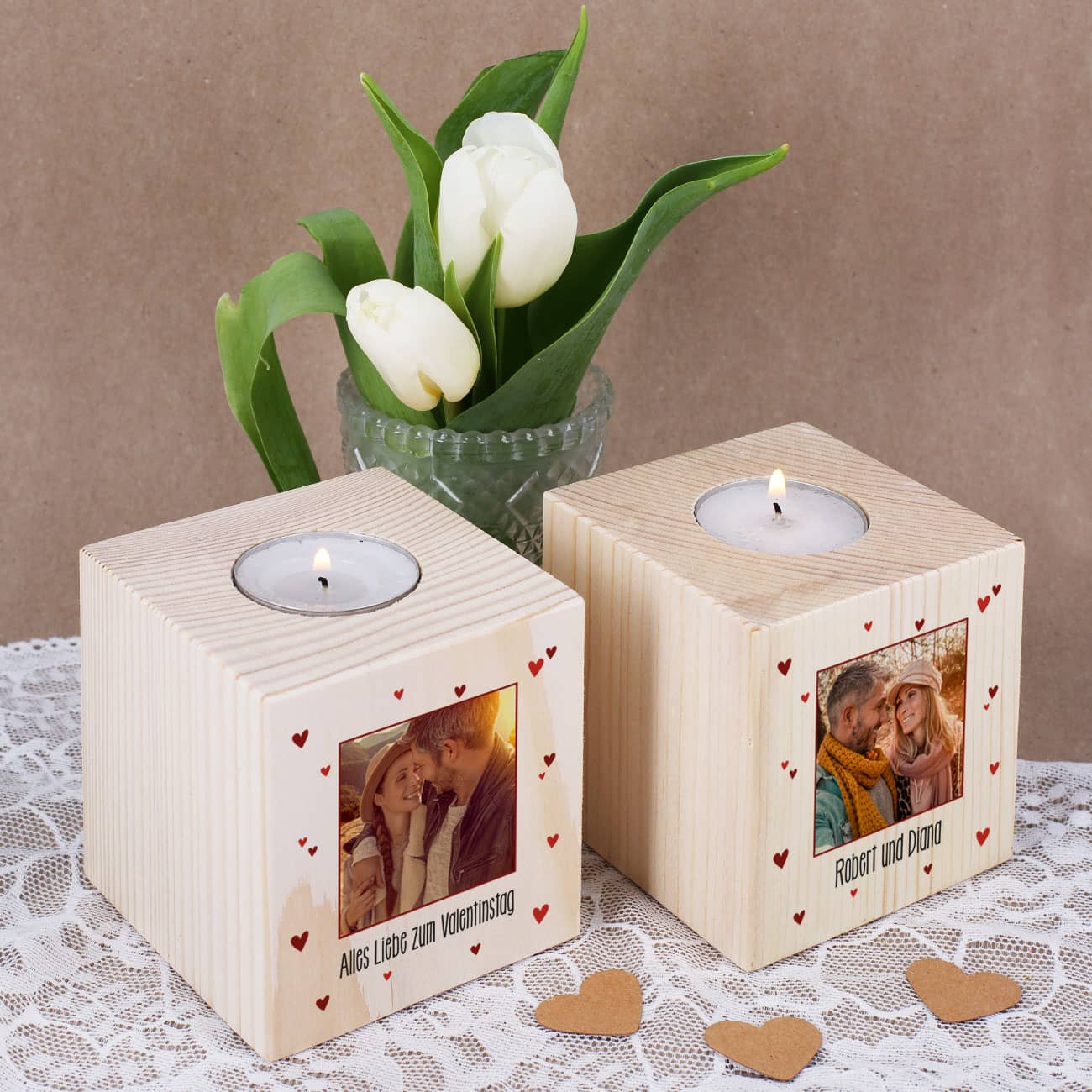 Würfel Teelichthalter bedruckt mit Ihrem Wunschfoto und Text zum Valentinstag