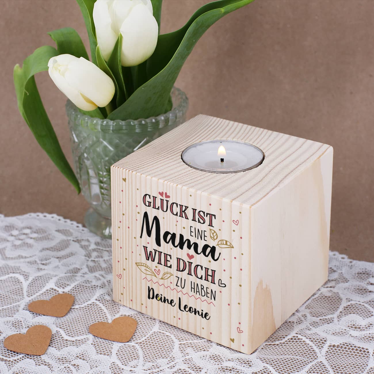Glück ist, eine Mama wie dich zu haben - Teelichthalter aus Holz, 8x8cm