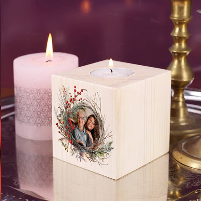 Holzteelichthalter mit Foto und Weihnachtskranz
