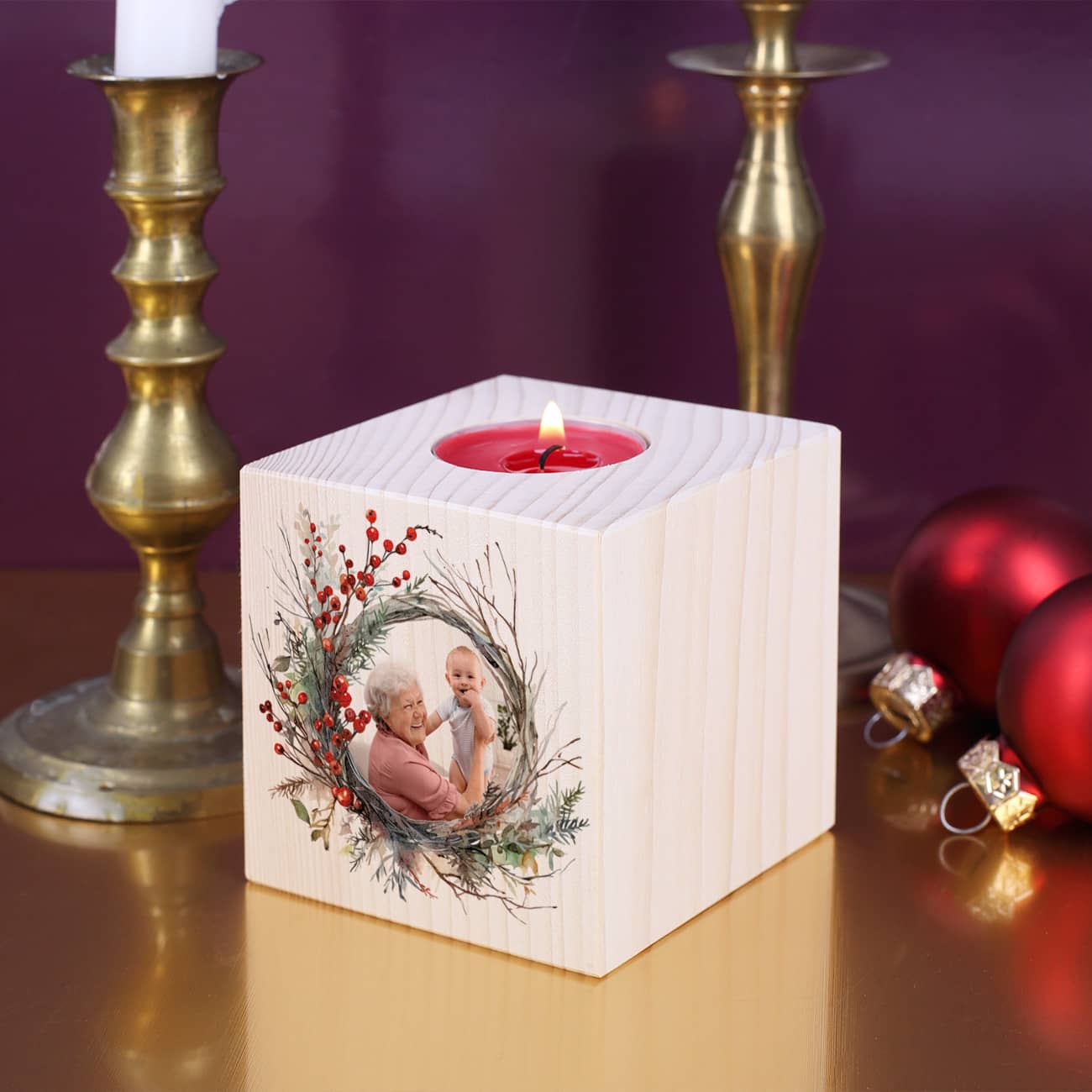 Persönlicher Kerzenhalter aus Holz mit Ihrem Wunschfoto als tolles Geschenk zu Weihnachten