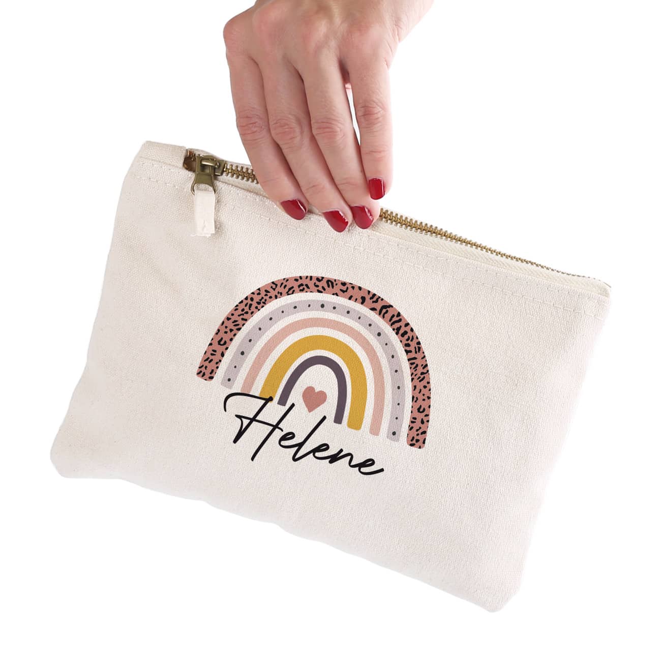 naturfarbenes Beautycase mit Regenbogen-Motiv und Name