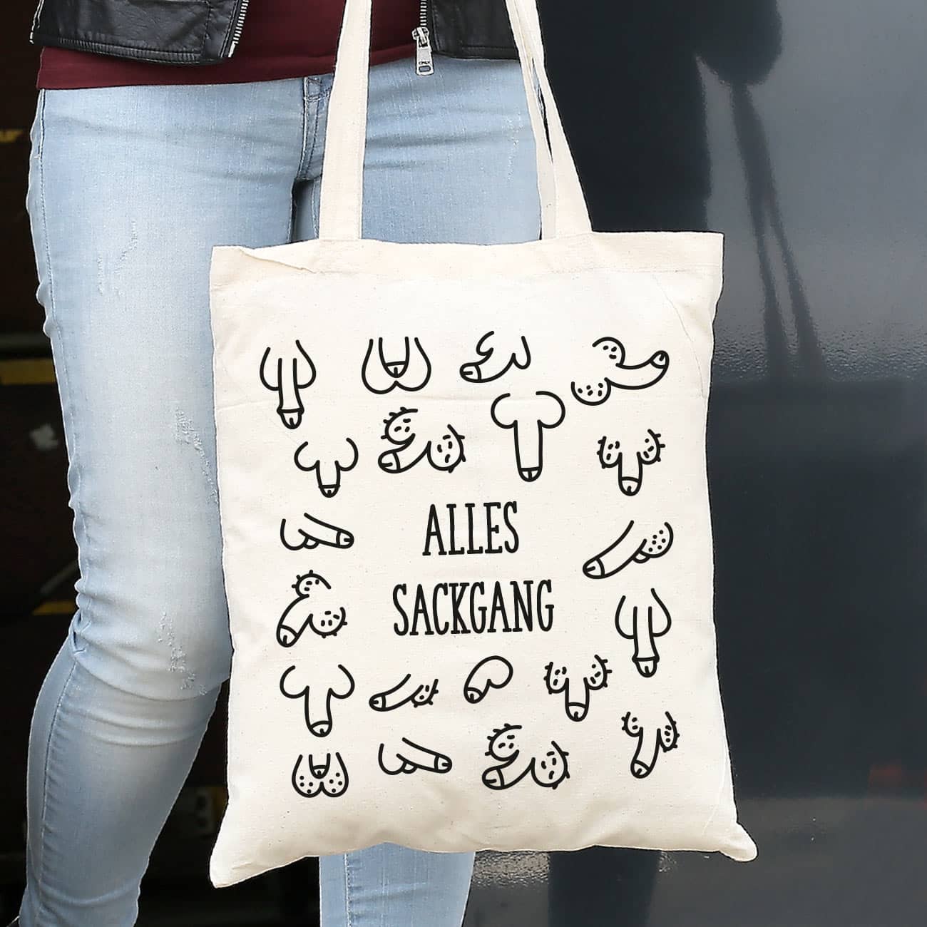 Jutebeutel mit lustigem Penis-Motiv und Text nach Wunsch bedruckt