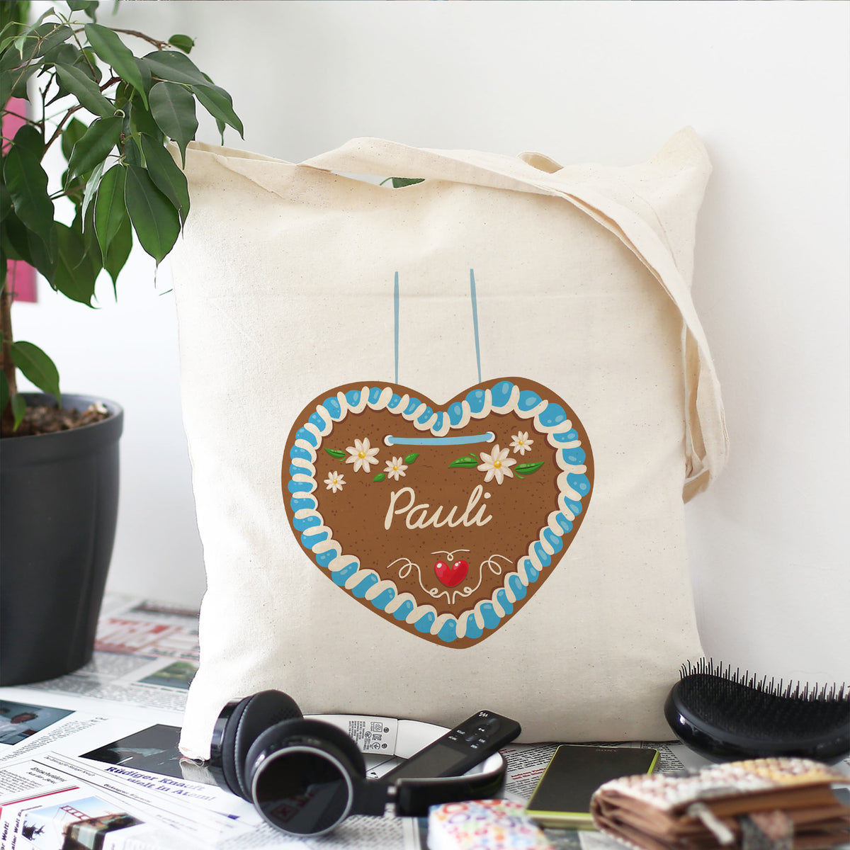 Personalisierter Stoffbeutel mit Lebkuchenherz Motiv und Name Pauli