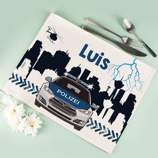 Platzdeckchen bedruckt mit Polizeiauto und Skyline mit Wunschnamen