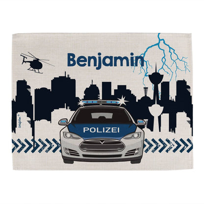 Platzdeckchen aus Stoff bedruckt mit Polizeiauto und Skyline mit Wunschname
