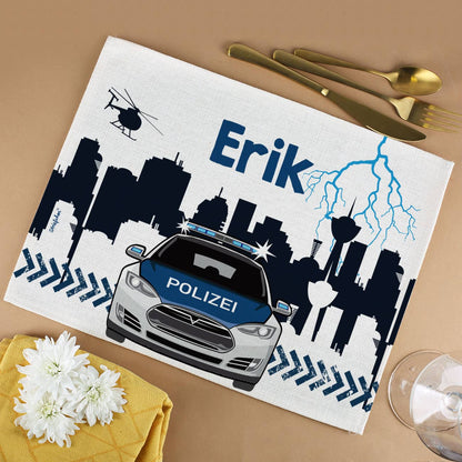 Platzdeckchen mit Name aus Jute und Polizeiautomotiv
