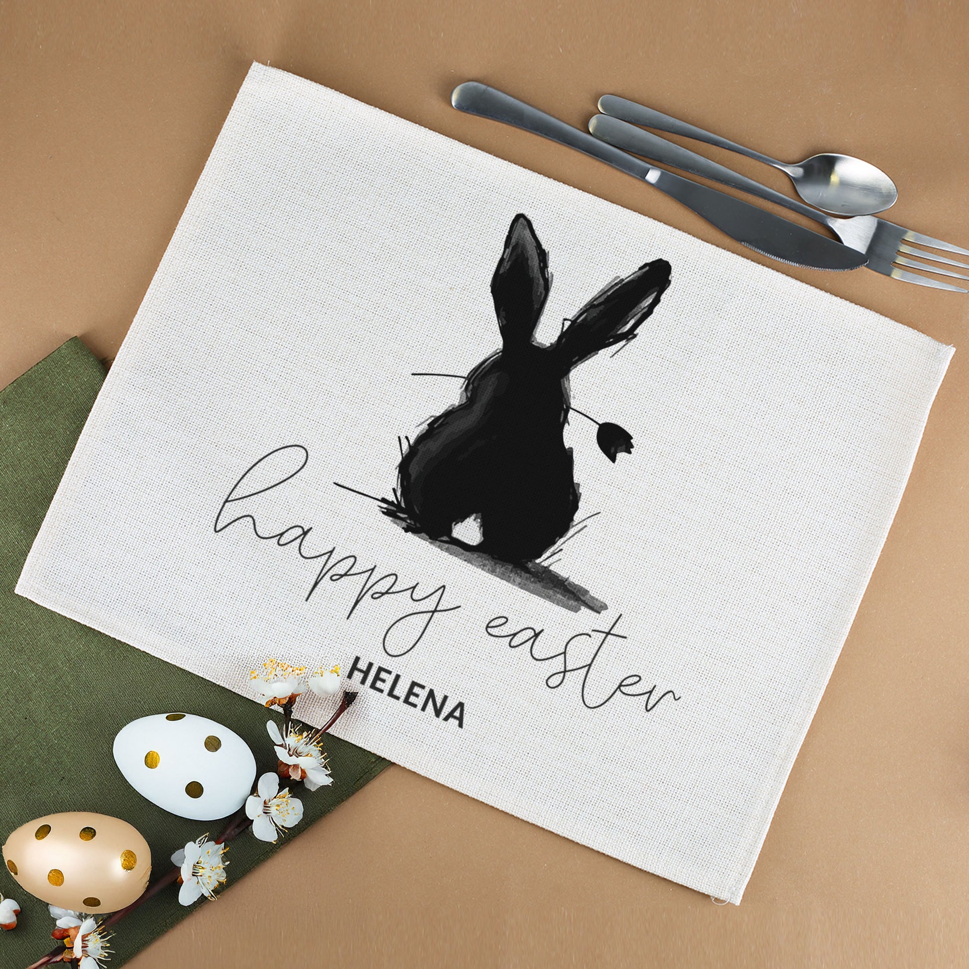Happy Easter - Platzdeckchen aus Stoff mit Hase und Wunschtext