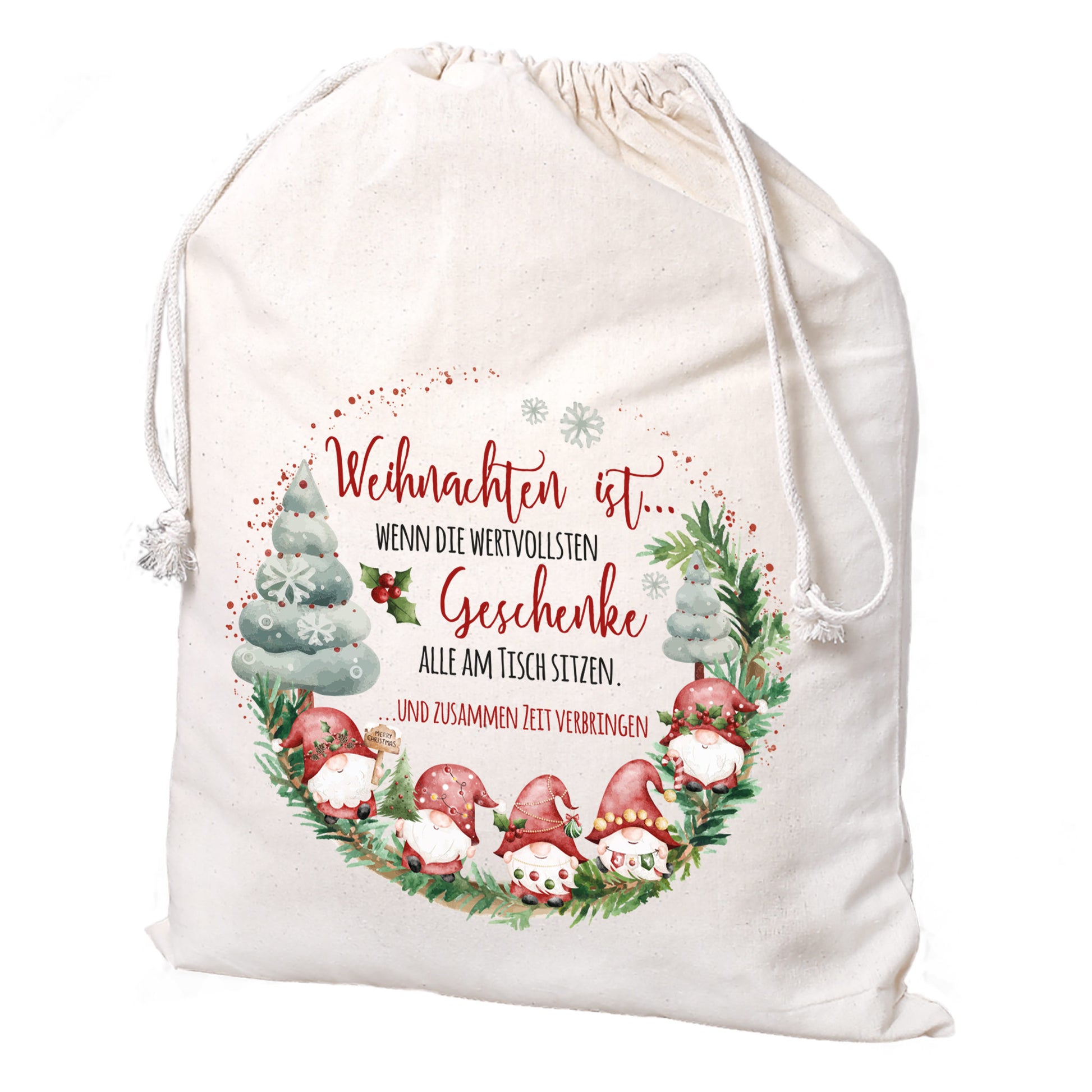 Großer Stoffsack zu Weihnachten, Motiv mit Tannenbaum und Wichteln