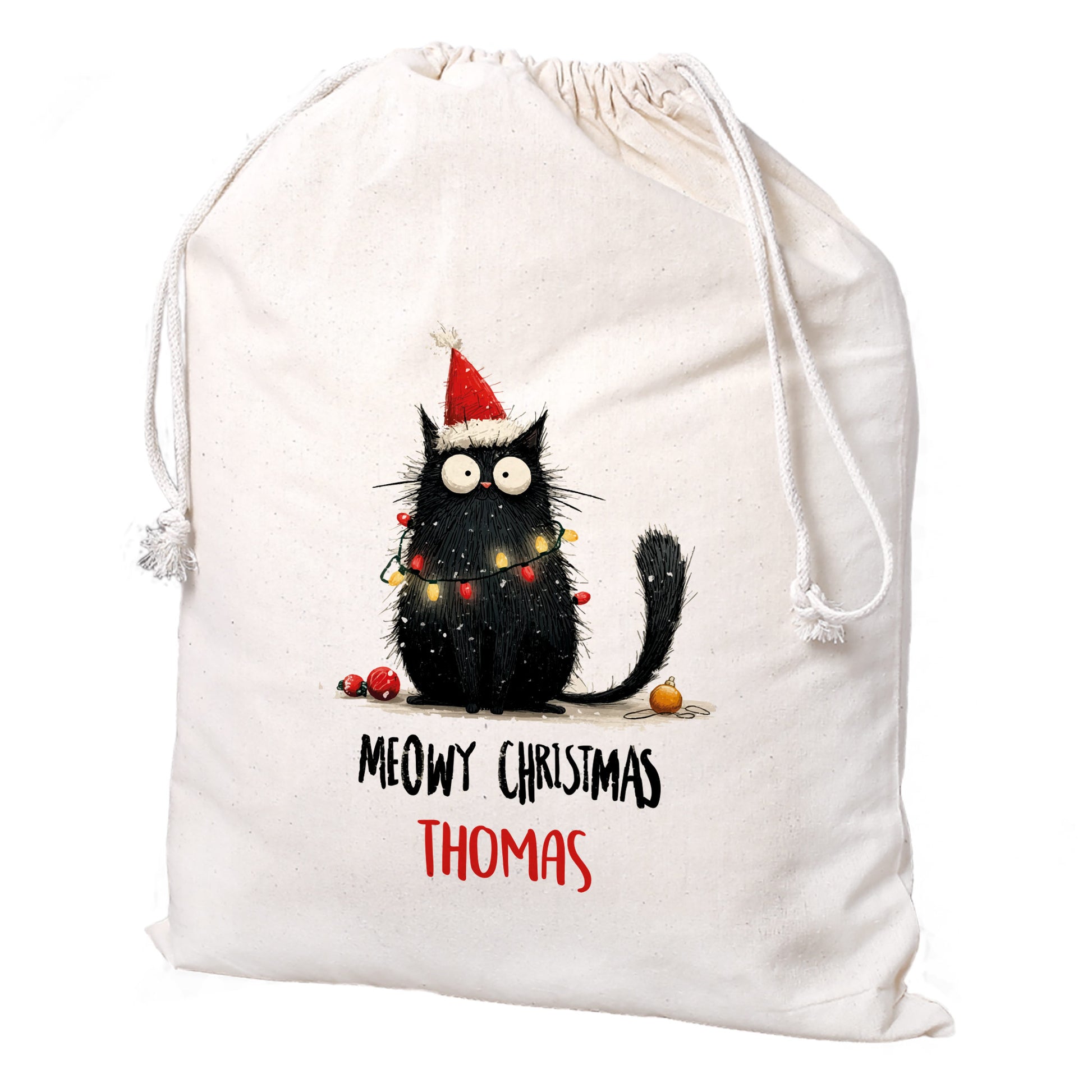 Baumwollbeutel mit Weihnachtskatze „Meowy Christmas – Thomas“, freigestellt auf weißem Hintergrund