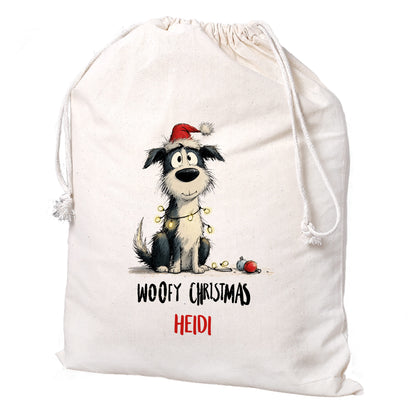 Personalisierter Baumwollbeutel mit Aufdruck „Woofy Christmas – Heidi“, freigestellt vor weißem Hintergrund