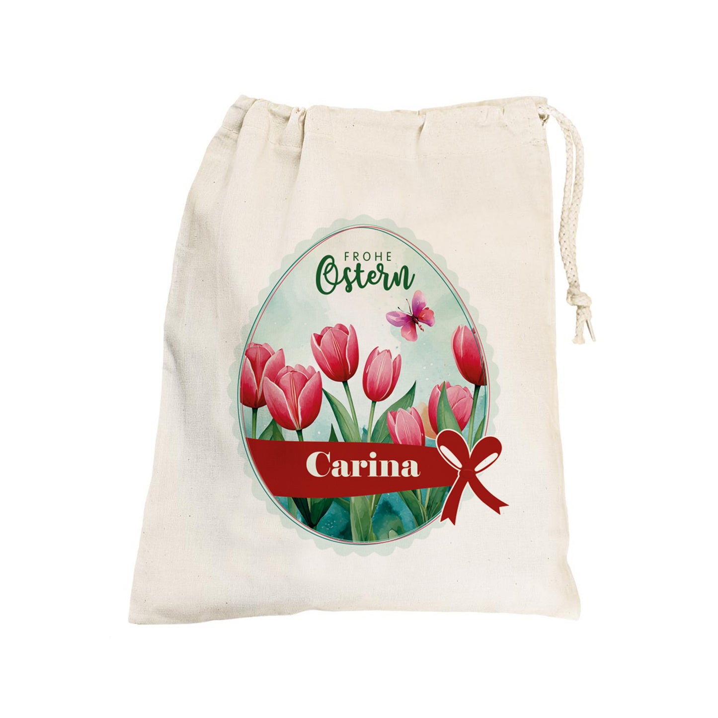 Personalisierter Osterbeutel mit Name & Tulpenmotiv aus Baumwolle