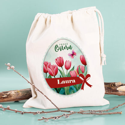 Personalisierter Osterbeutel mit Name & Tulpenmotiv aus Baumwolle