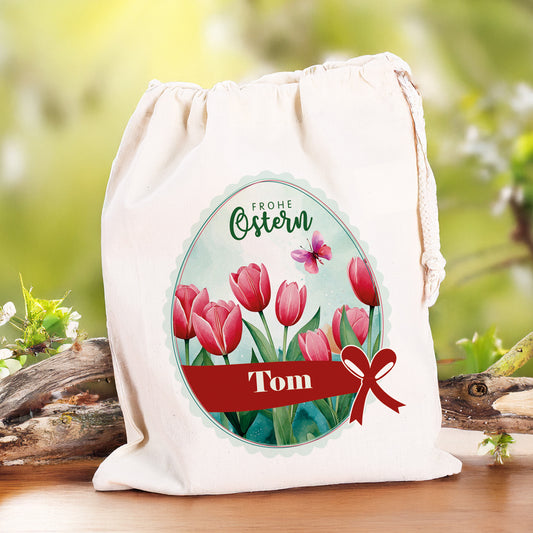 Personalisierter Osterbeutel mit Name & Tulpenmotiv aus Baumwolle