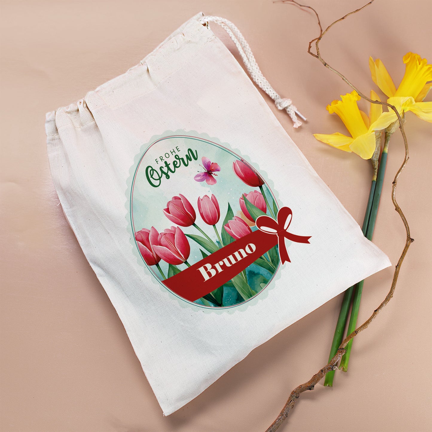 Personalisierter Osterbeutel mit Name & Tulpenmotiv aus Baumwolle