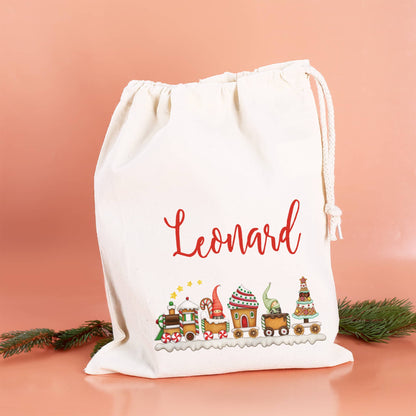 Kinder Geschenksack in 3 Größen zu Weihnachten mit Wichtel Weihnachtszug Motiv und Name
