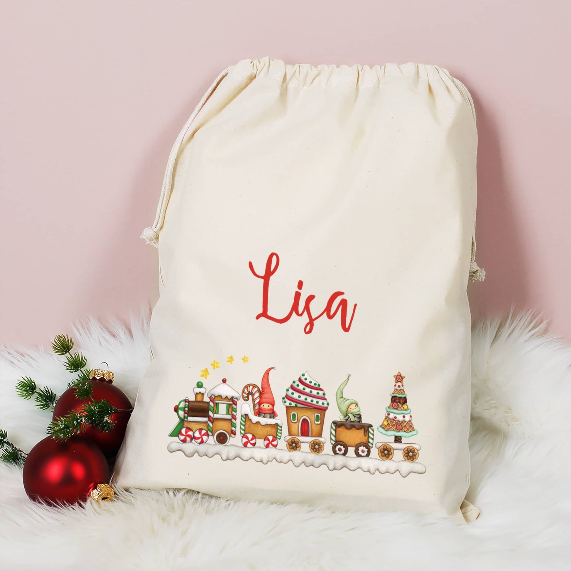Kinder Geschenksack zu Weihnachten mit Wichtel Zug Motiv und Name