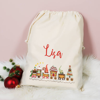 Kinder Geschenksack zu Weihnachten mit Wichtel Zug Motiv und Name