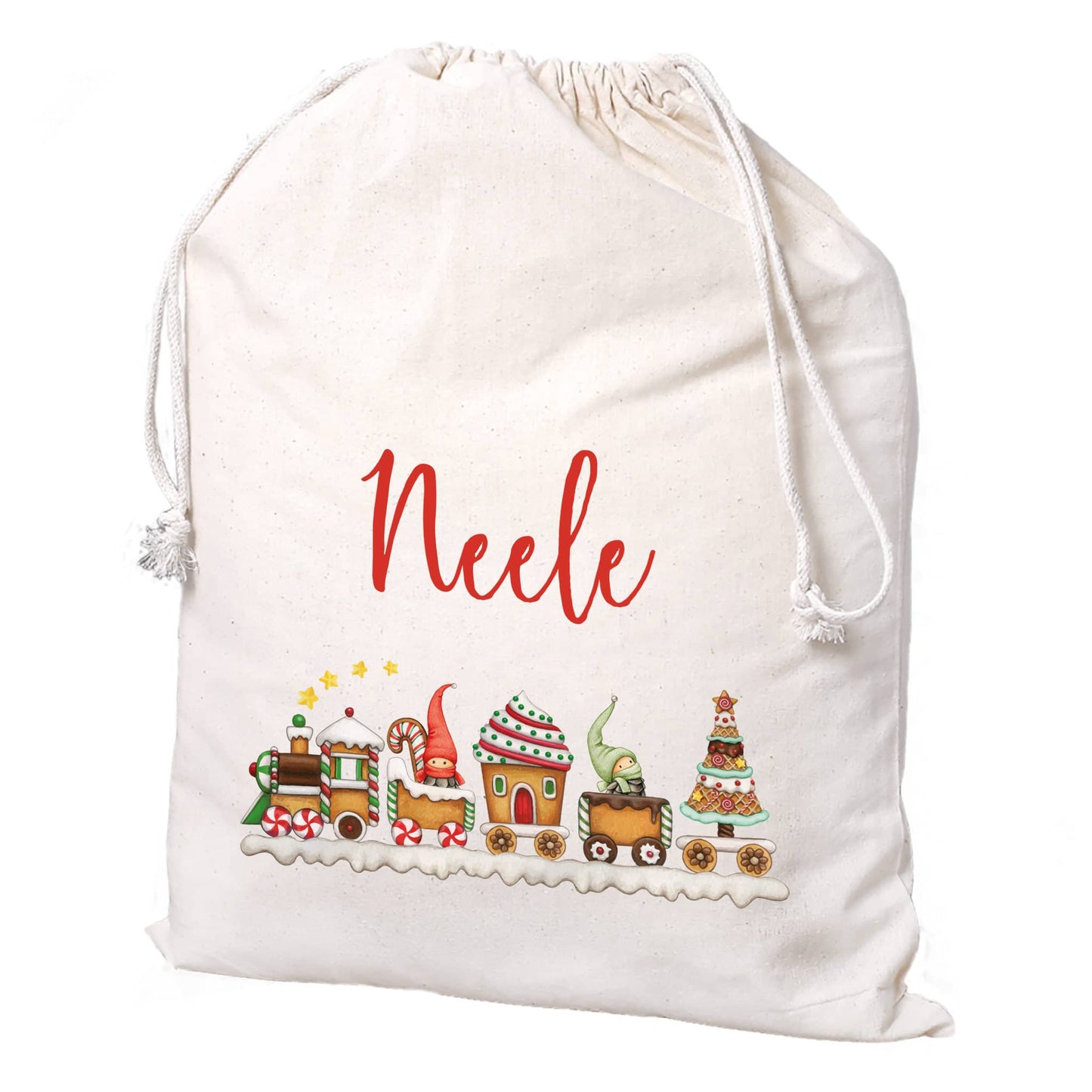 Kinder Geschenksack zu Weihnachten mit Name und Wichtel Weihnachtszug Motiv