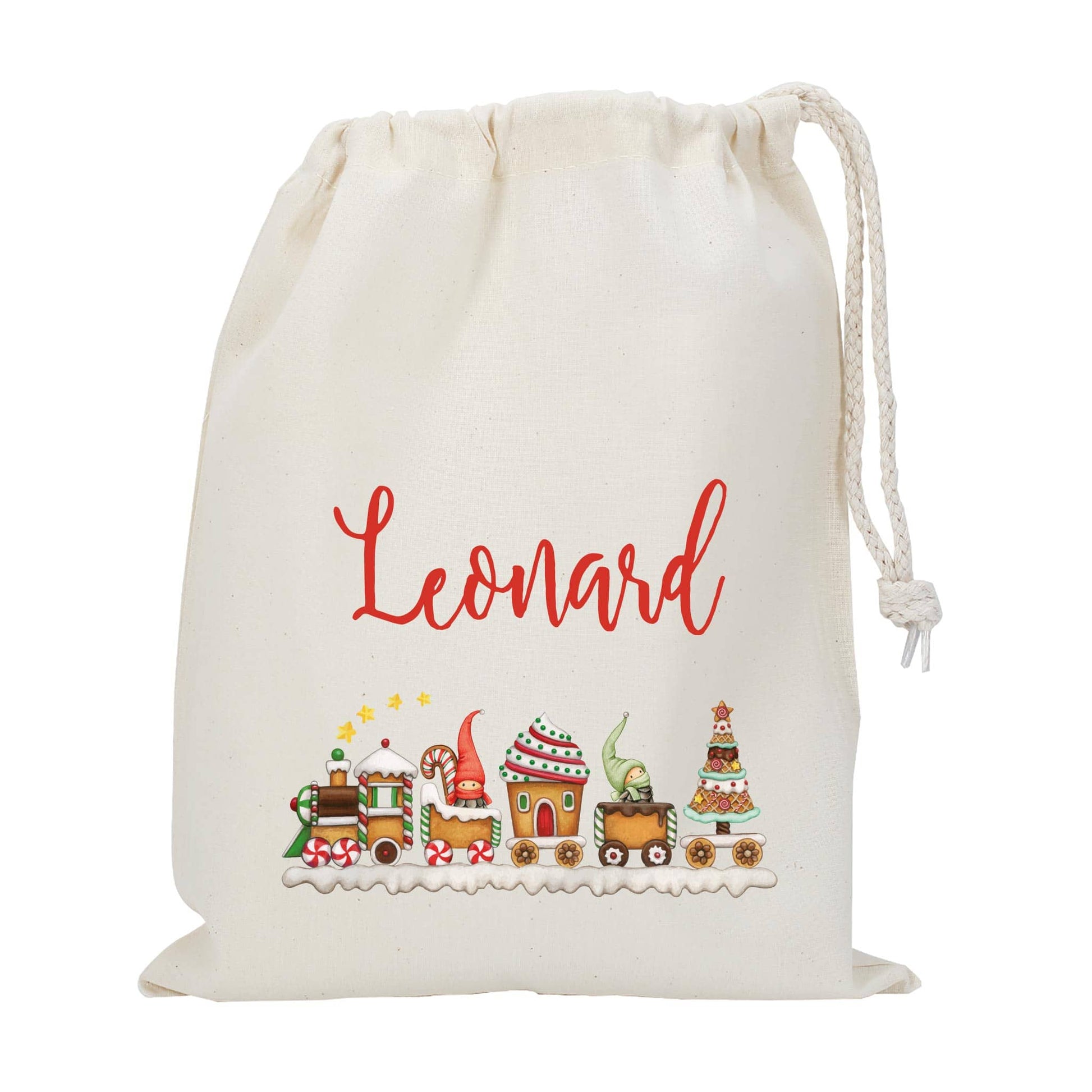 Kinder Geschenkbeutel zu Weihnachten mit Wichtel Weihnachtszug Motiv und Name