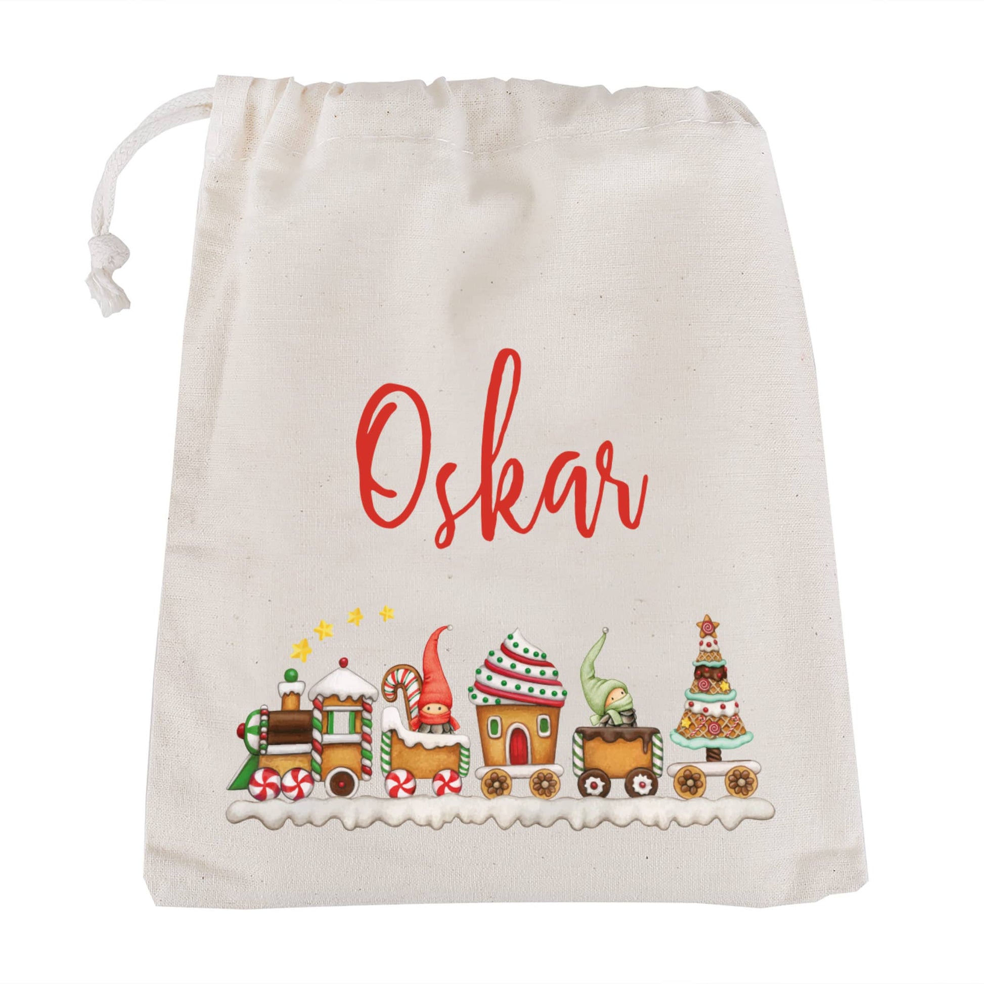 Kinder Geschenksack zu Weihnachten mit Wichtel Weihnachtszug Motiv und Name in 3 Größen