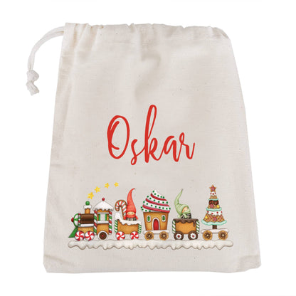 Kinder Geschenksack zu Weihnachten mit Wichtel Weihnachtszug Motiv und Name in 3 Größen