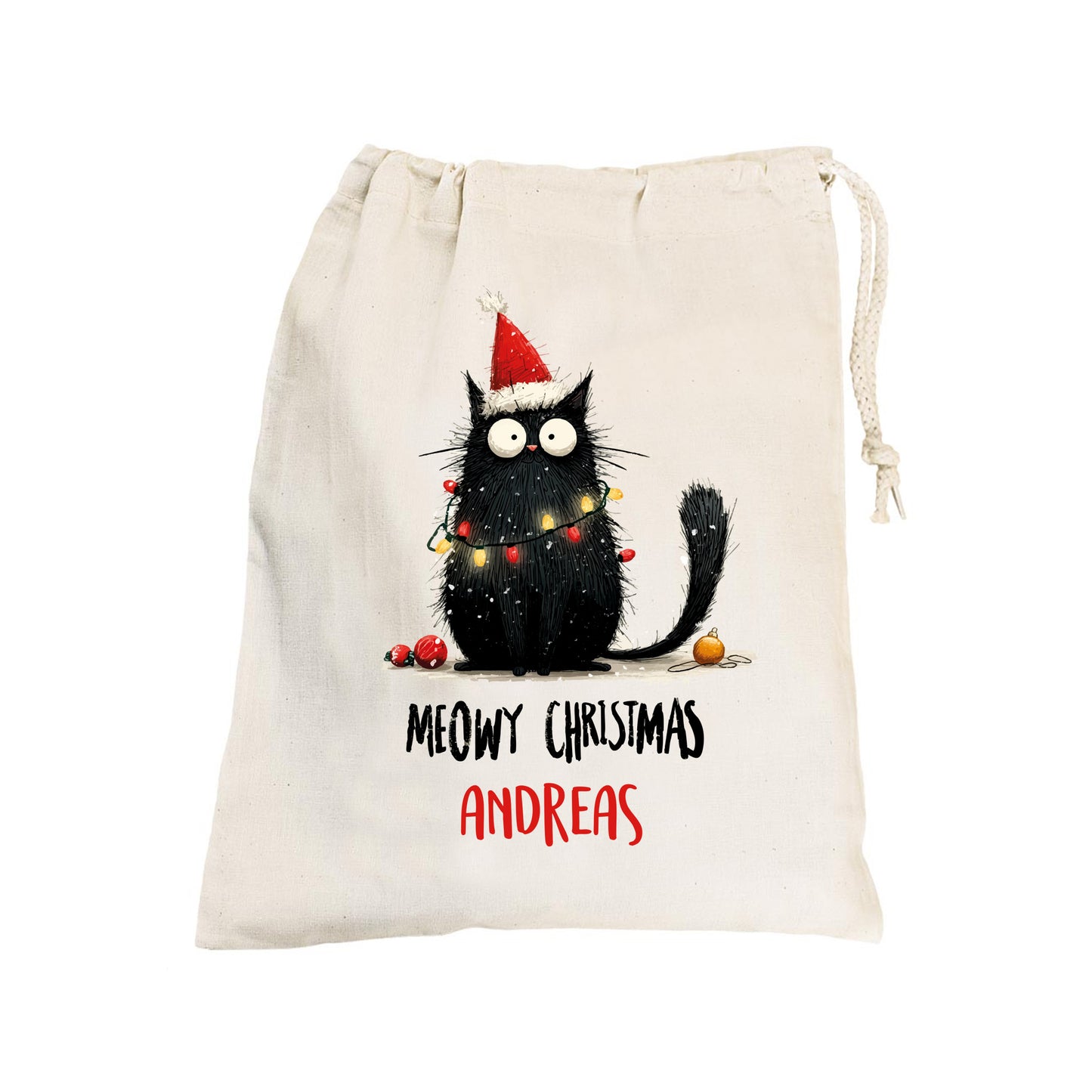 Geschenksack aus Baumwolle mit Katze und Santa-Mütze, Aufdruck „Meowy Christmas – Andreas“, freigestellt