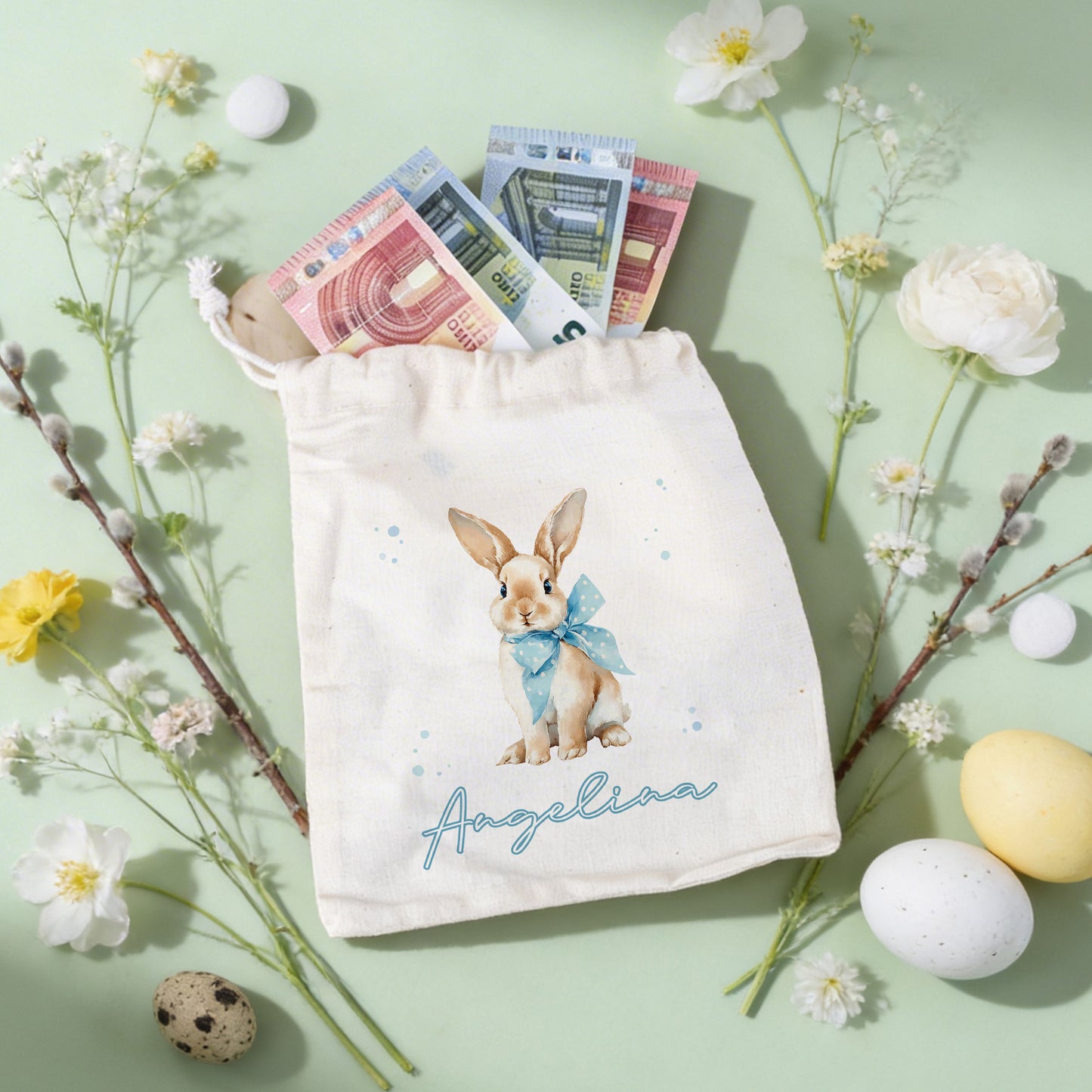 Kleiner Oster Geschenksack aus Baumwolle mit Hasenmotiv und Name für Geldgeschenke