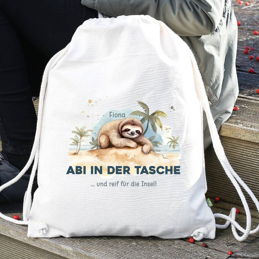ABI in der Tasche - Baumwoll-Rucksack mit Faultier, Name und Wunschtext bedruckt