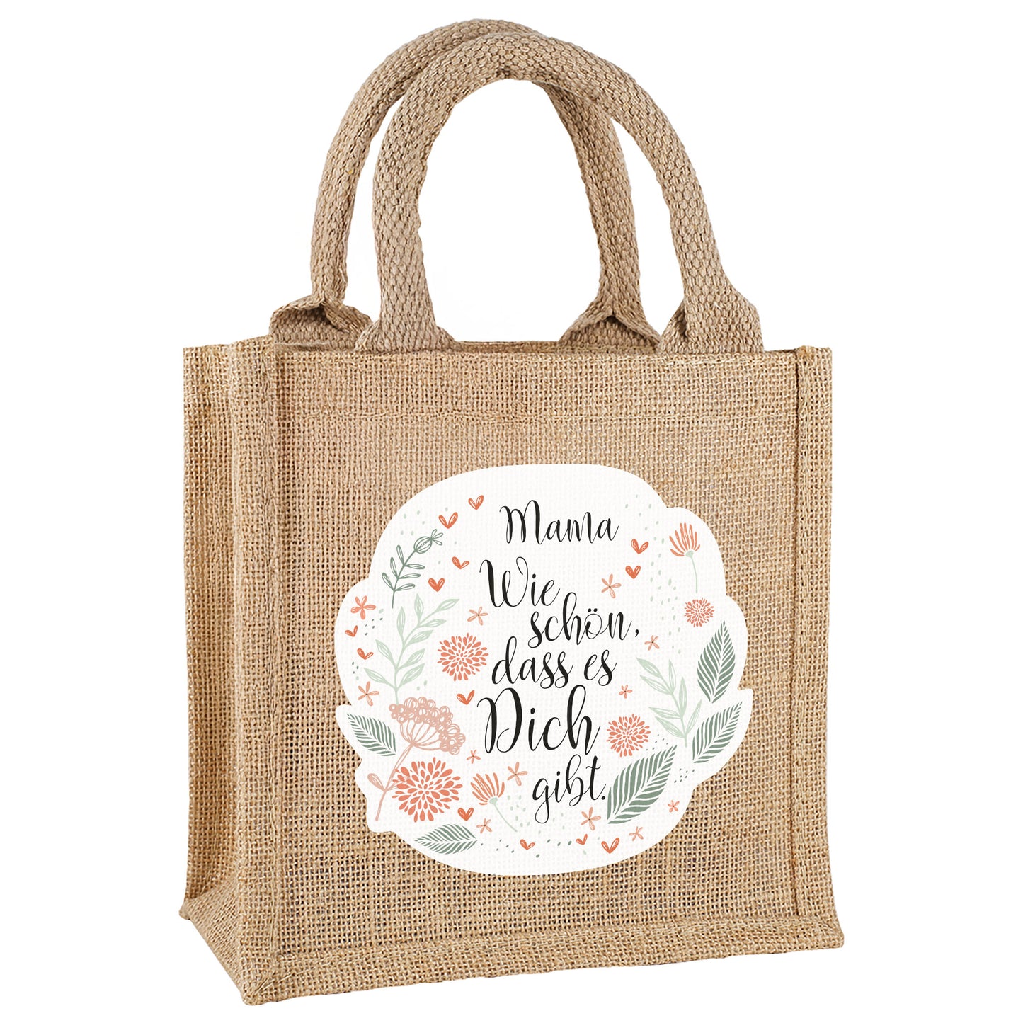 Geschenktasche mit Blumendruck und Text, freigestellt auf weißem Hintergrund.