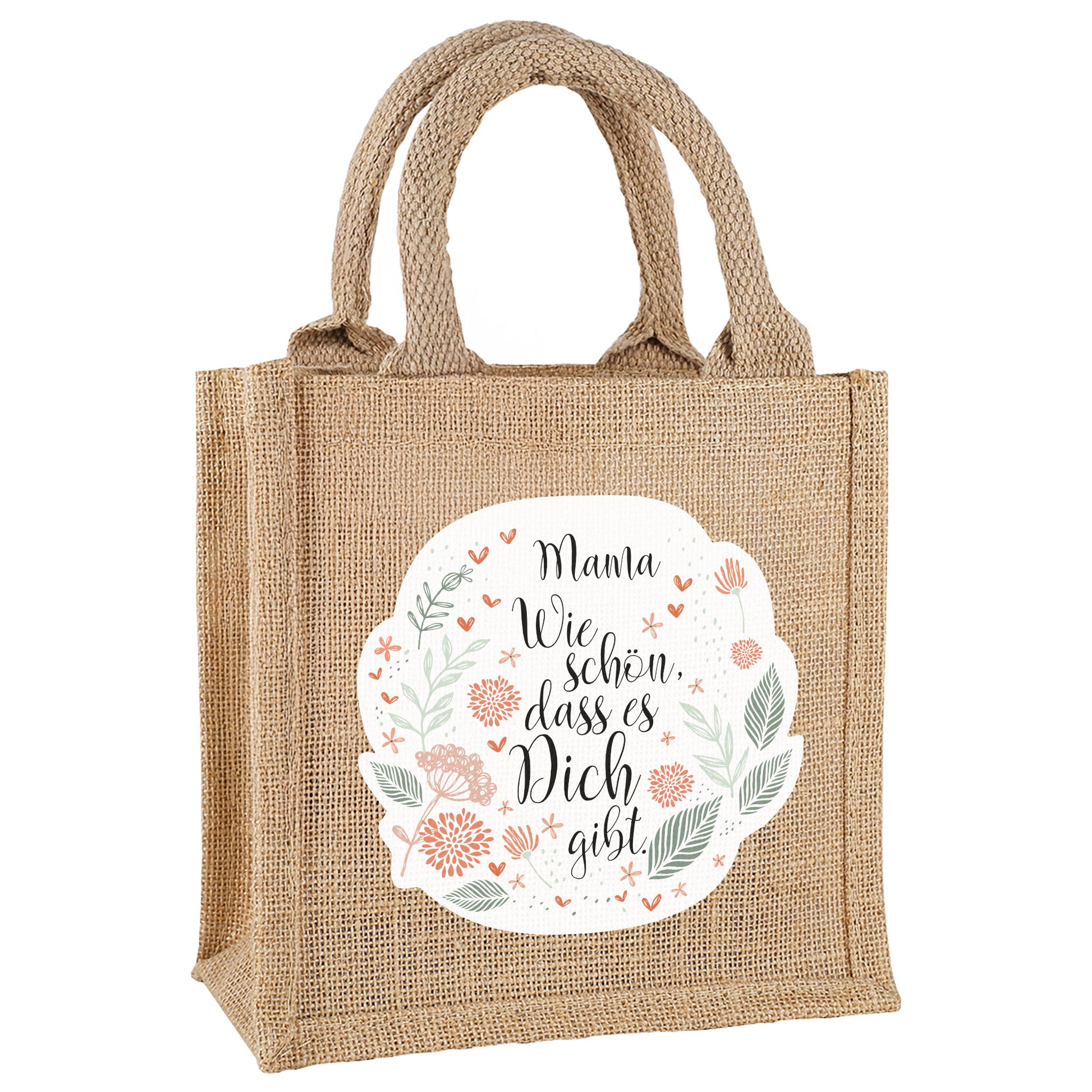 Geschenktasche mit Blumendruck und Text, freigestellt auf weißem Hintergrund.