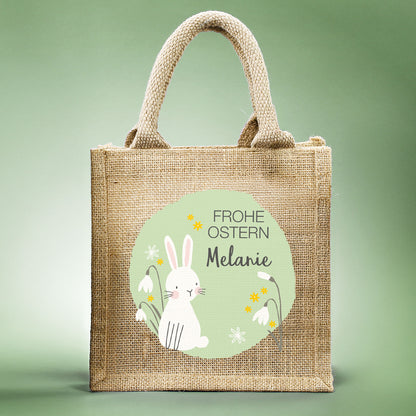 Personalisierte Jute-Ostertüte mit Namen | Osterhase und Blumen Motiv