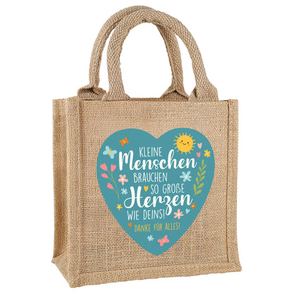 Jute-Geschenktüte als Dankeschön für Erzieher mit Wunschtext und Herz-Motiv