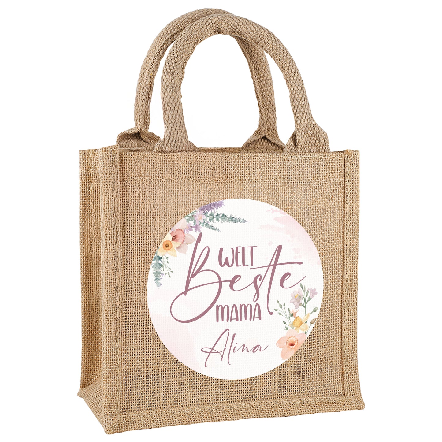 Jute-Geschenktasche „Weltbeste Mama“ mit floralem Motiv & personalisierbarem Namen freigestellt auf weißem Hintergrund