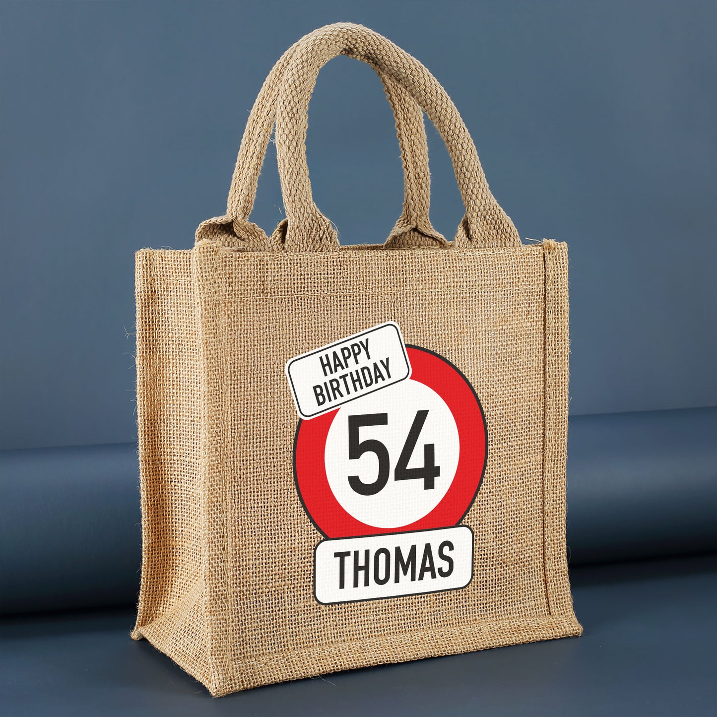 Personalisierte Jute-Geschenktasche mit Verkehrszeichen-Motiv zum Geburtstag