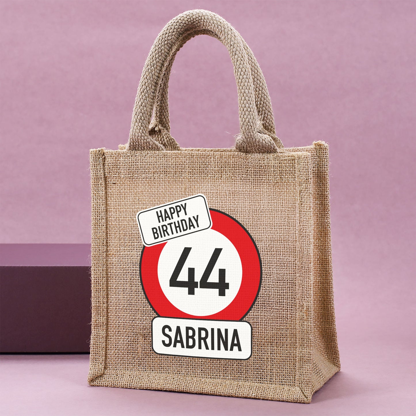 Personalisierte Jute-Geschenktasche mit Verkehrszeichen-Motiv zum Geburtstag