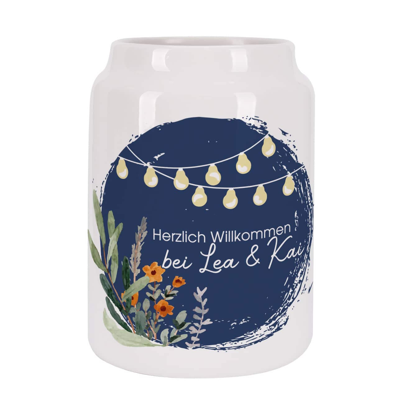 Bedruckter Keramik-Besteckhalter mit Wildblumen, Lichterketten und zwei Textzeilen gestaltet