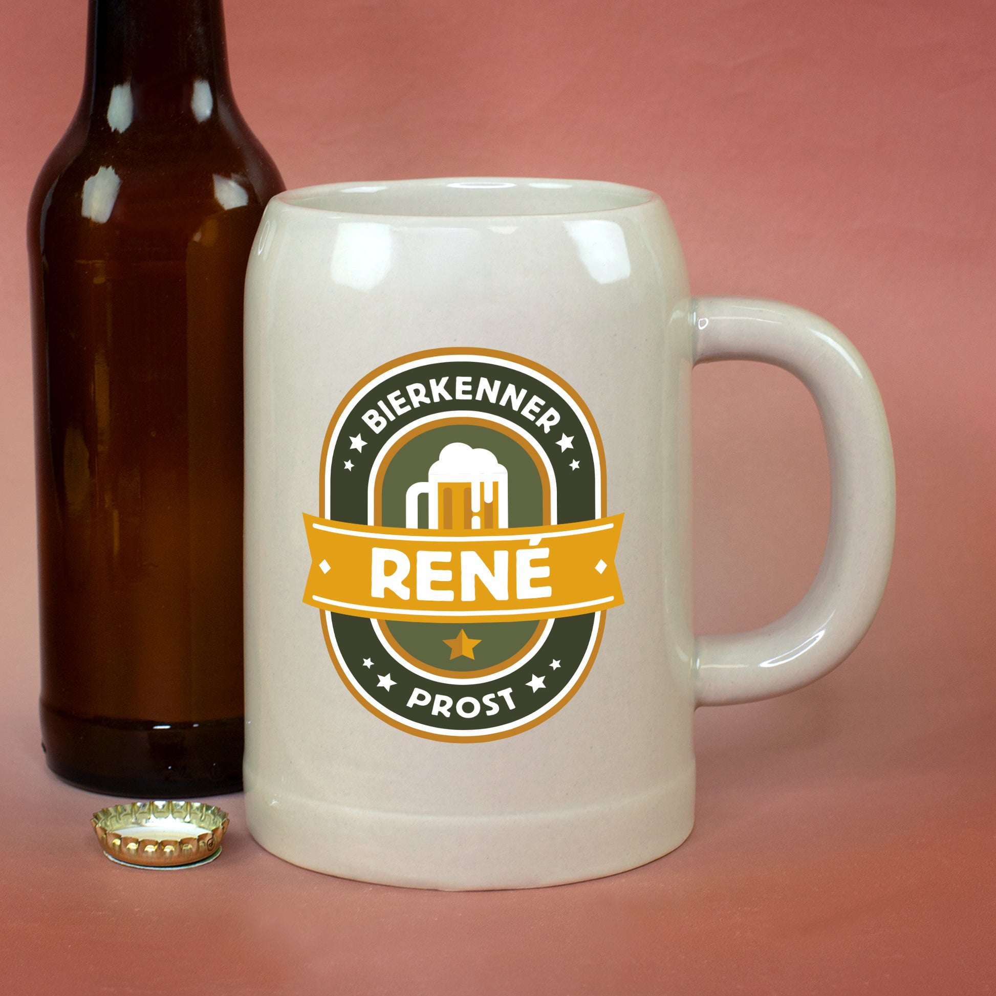 Steingut Bierkrug mit Namen René als Geschenk für Bierliebhaber